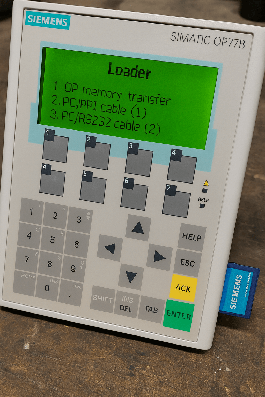 Siemens OP77B Loader menu screen for transfer mode and factory reset