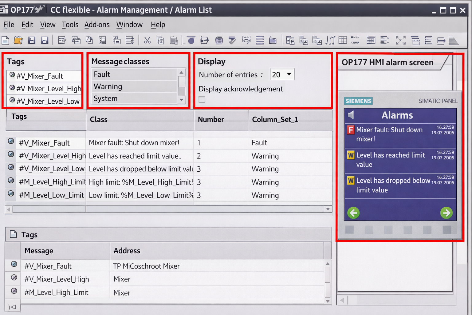 Close-up of Siemens OP177 touchscreen interface – example of operational display or alarm view