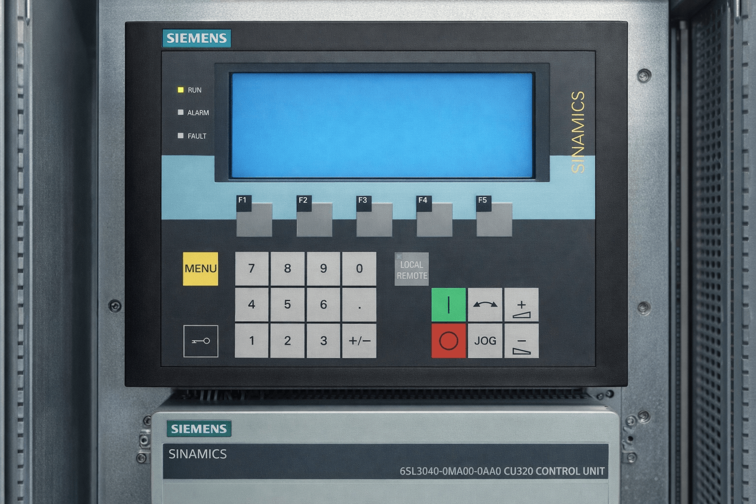 Siemens AOP30 Advanced Operator Panel mounted on SINAMICS CU320 control unit in industrial setting