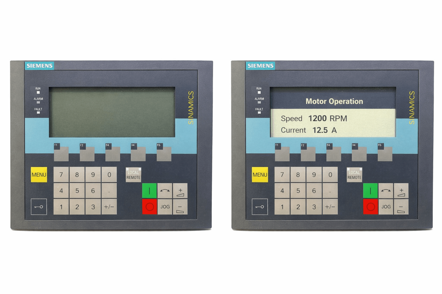 Siemens AOP30 operation screen comparison – before (blank/menu only) and after (showing motor speed, current, and status bars)