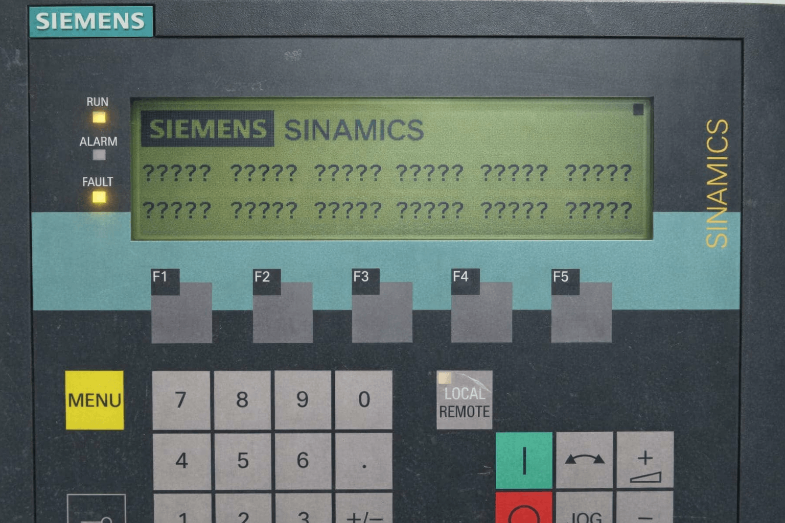Siemens AOP30 LCD screen displaying multiple '????' question marks instead of parameter values