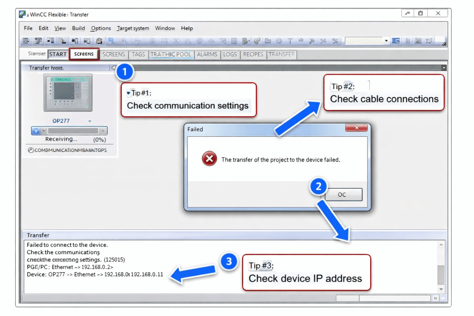 WinCC Flexible project transfer failure error on Siemens OP277 6