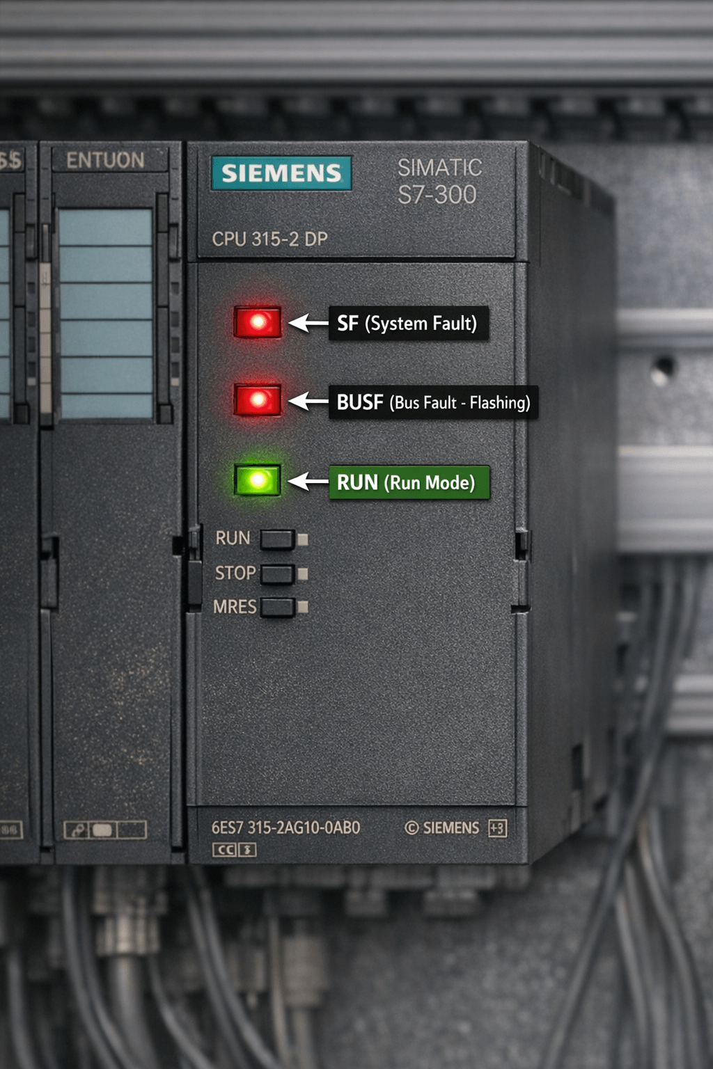 Siemens S7-300 CPU front panel showing SF and BUSF LED indicators