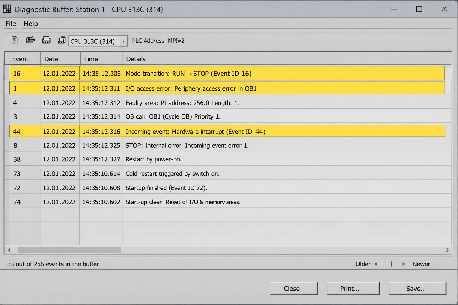 STEP 7 Simatic Manager Diagnostic Buffer window showing S7-300 error logs