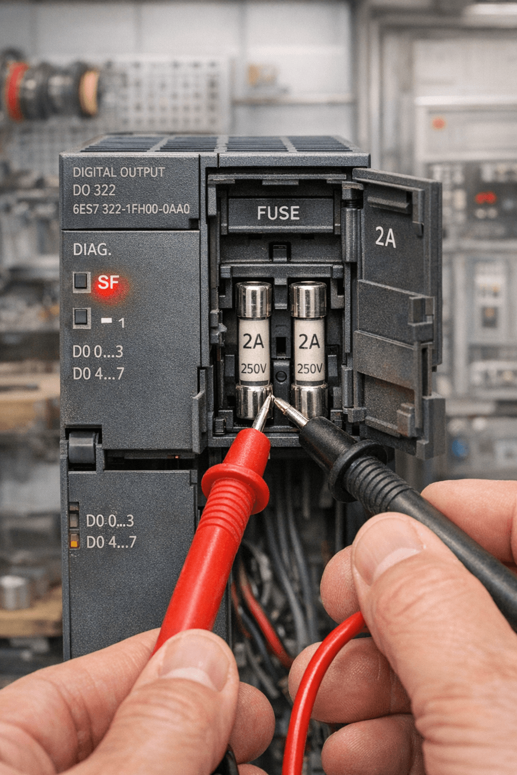 Siemens S7-300 digital output module with red SF LED and fuse inspection