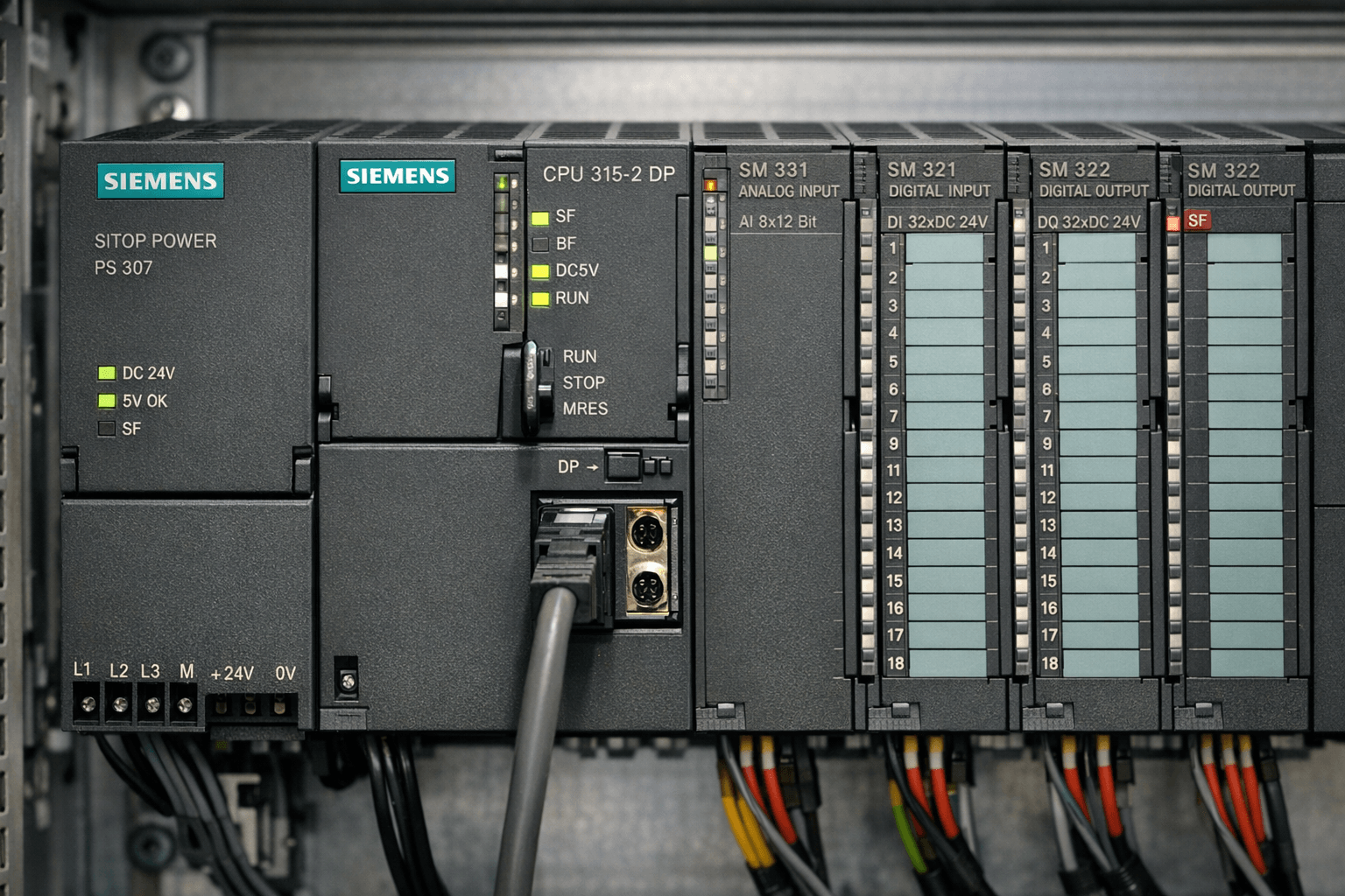 Siemens S7-300 PLC installed in industrial control cabinet with CPU, power supply and I/O modules