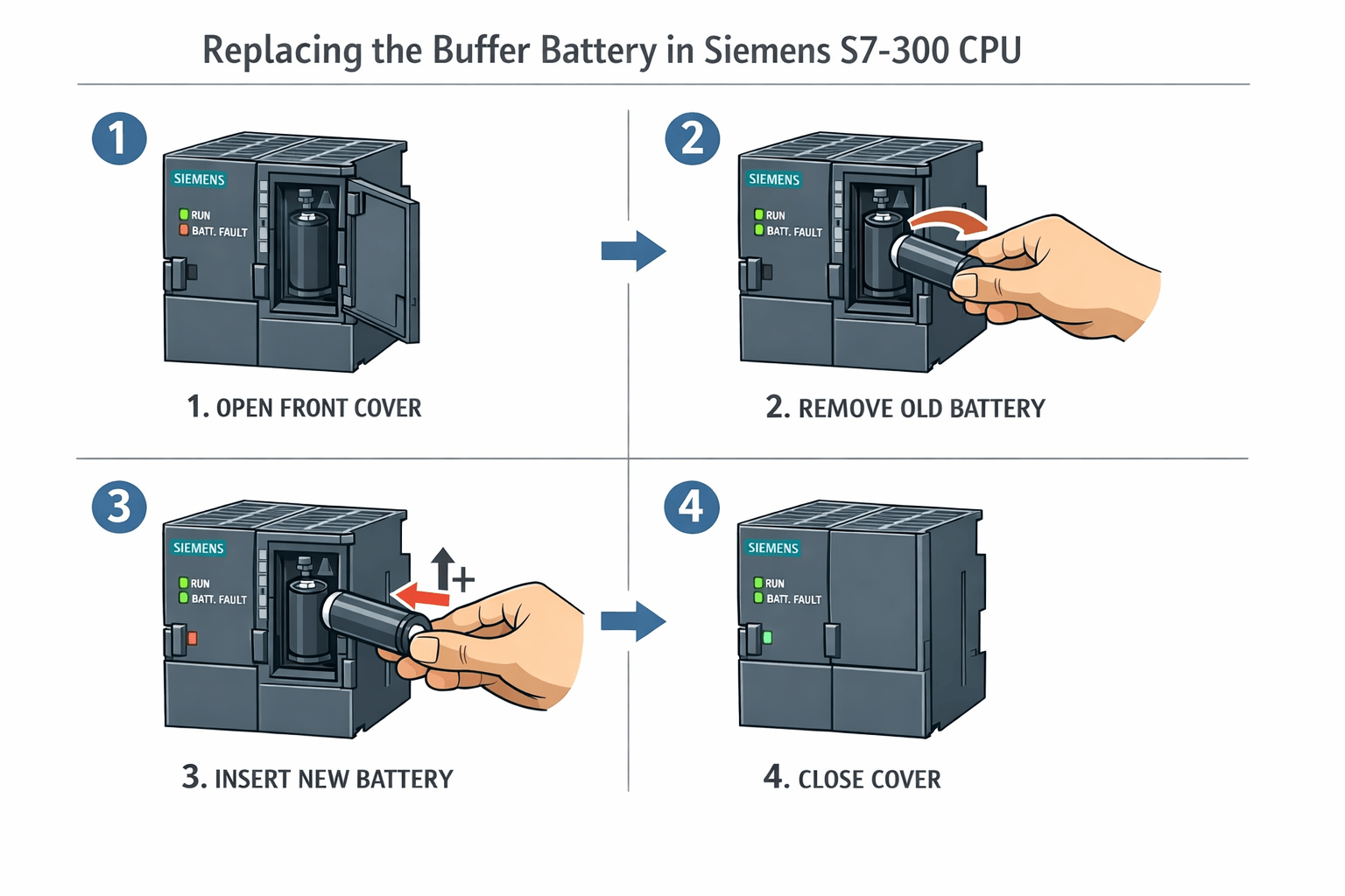 Step-by-step guide showing how to replace the buffer battery in Siemens S7-300 CPU