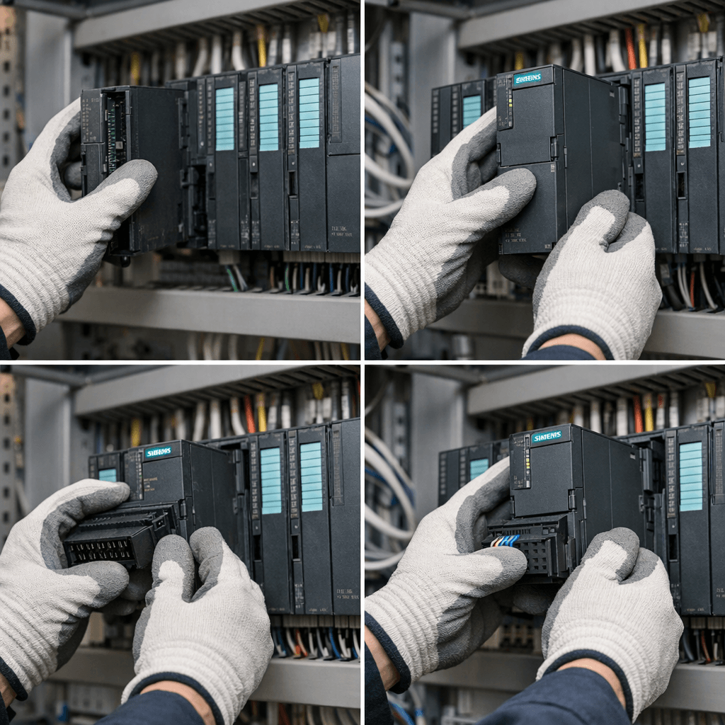 Technician replacing Siemens S7-300 I/O module in PLC rack with plastic housing