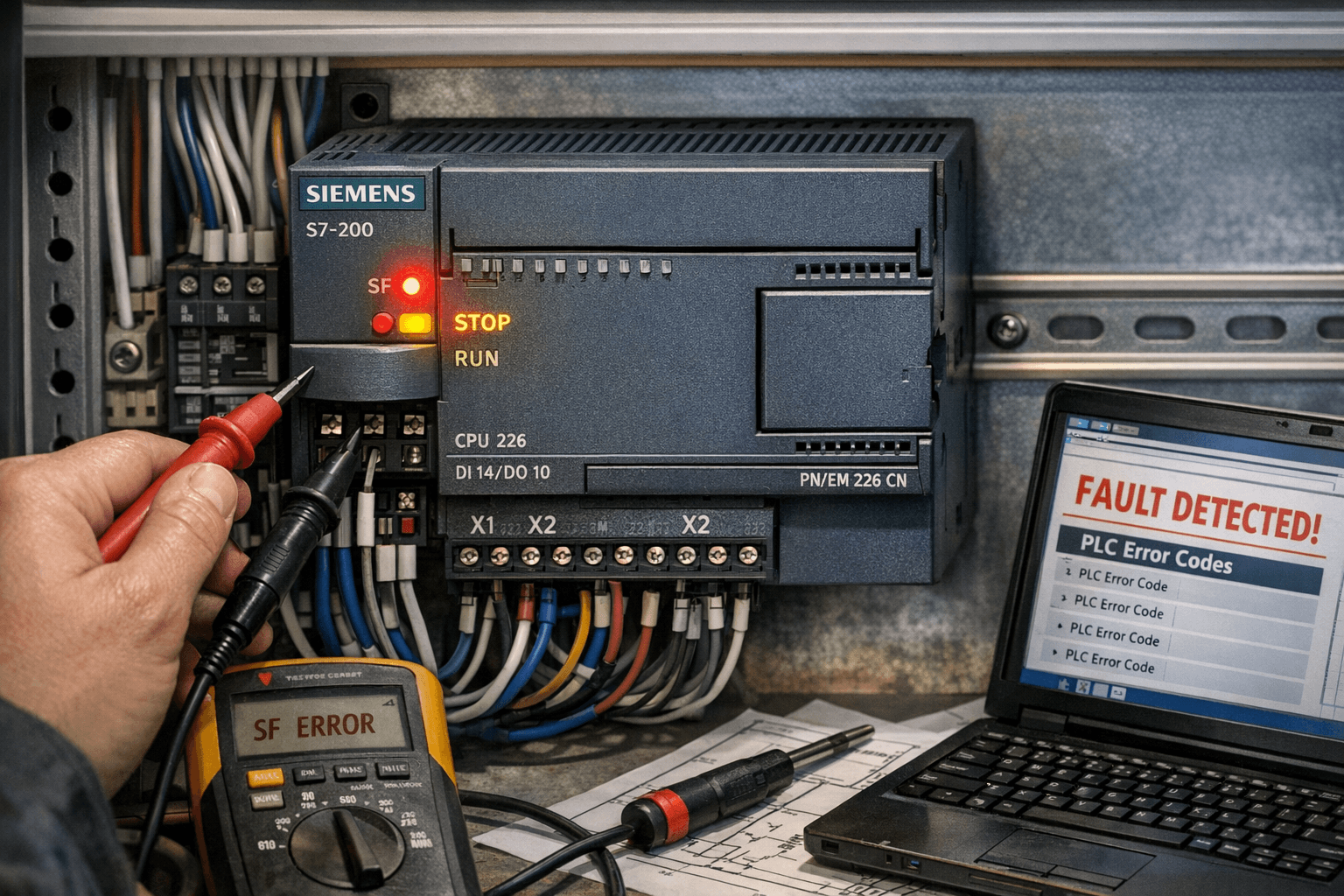 Siemens S7-200 PLC CPU with red SF LED illuminated and STOP mode active
