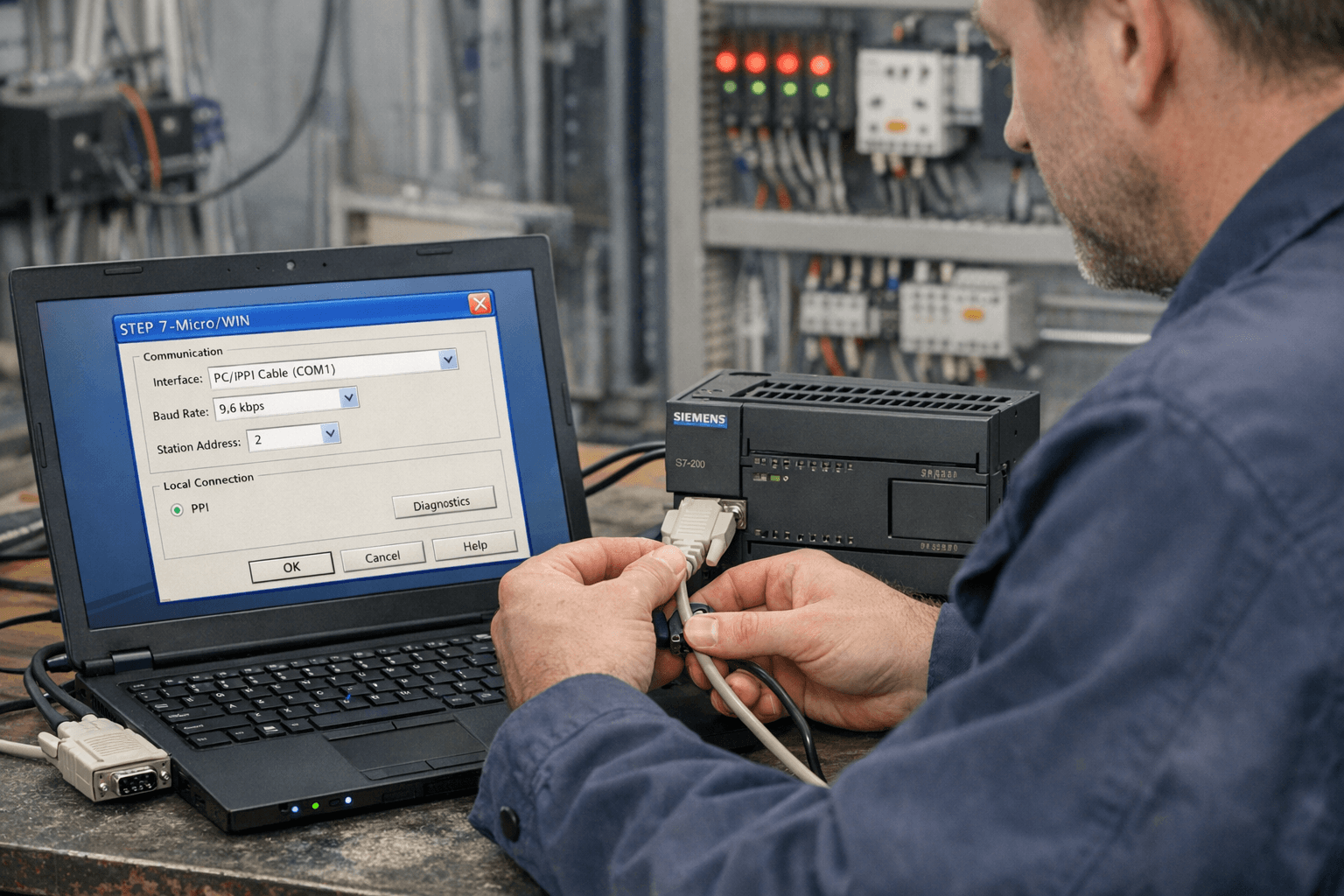 Technician connecting laptop to Siemens S7-200 PLC using PC/PPI cable