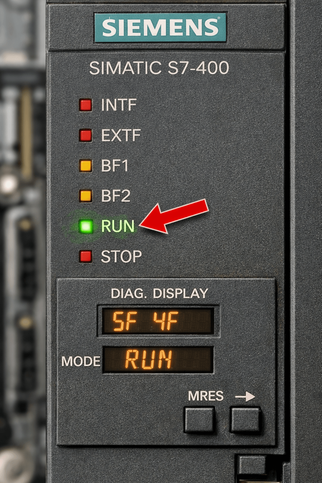 Siemens S7-400 CPU LED Indicators showing INTF, EXTF, BF and STOP status