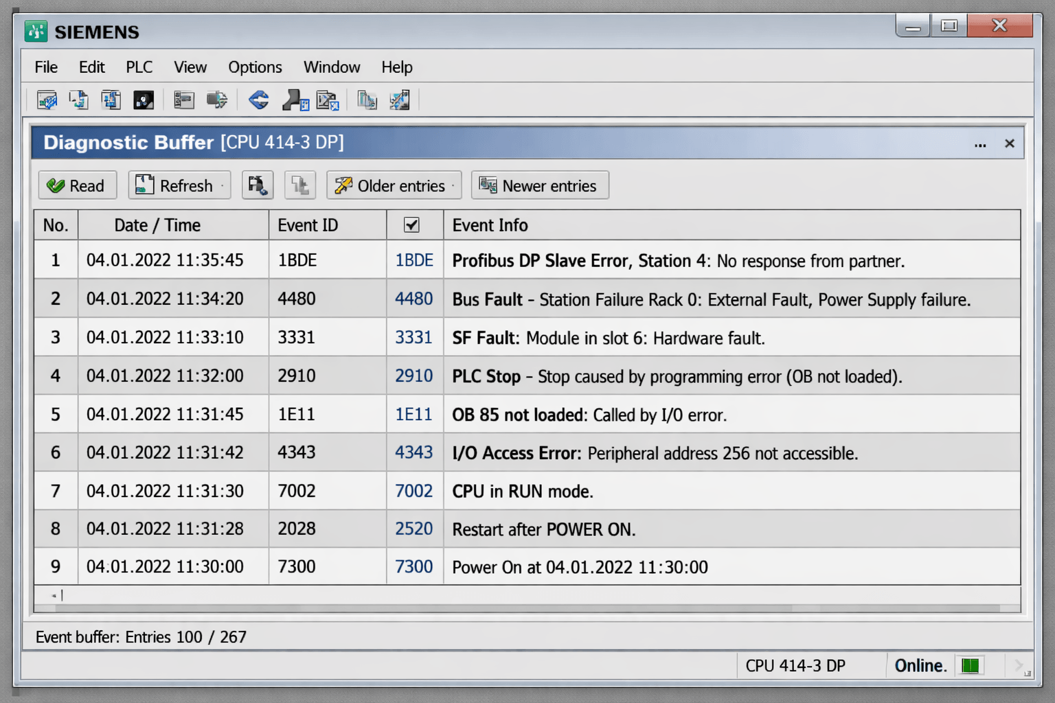 Siemens STEP 7 Diagnostic Buffer screenshot showing error events and Event IDs