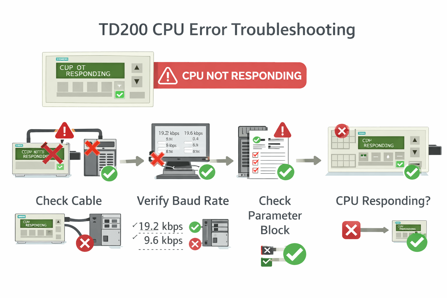 TD200 CPU NOT RESPONDING Troubleshooting Infographic
