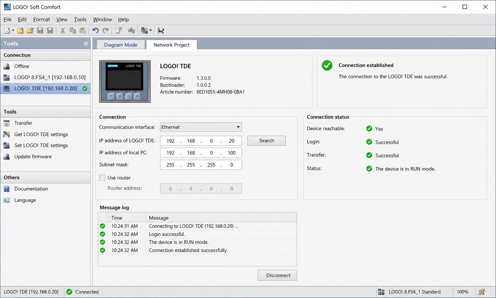LOGO! Soft Comfort software showing successful connection to Siemens LOGO! TDE Display