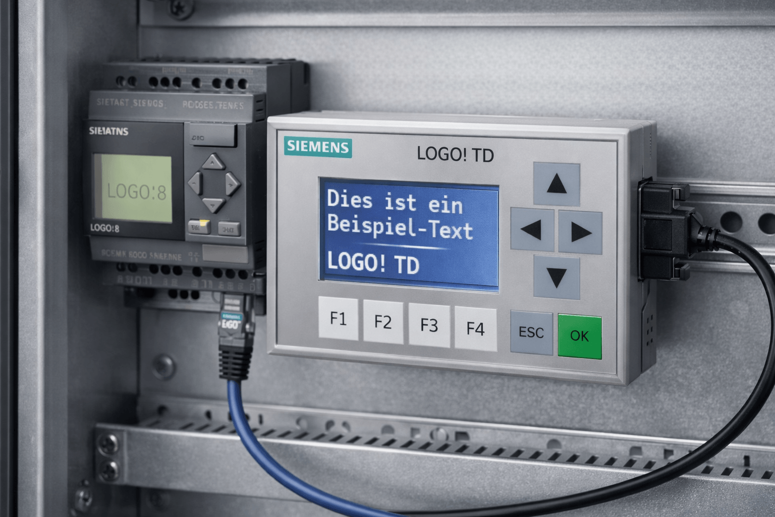Siemens LOGO! TD Display connected to LOGO! 8 base module in industrial cabinet