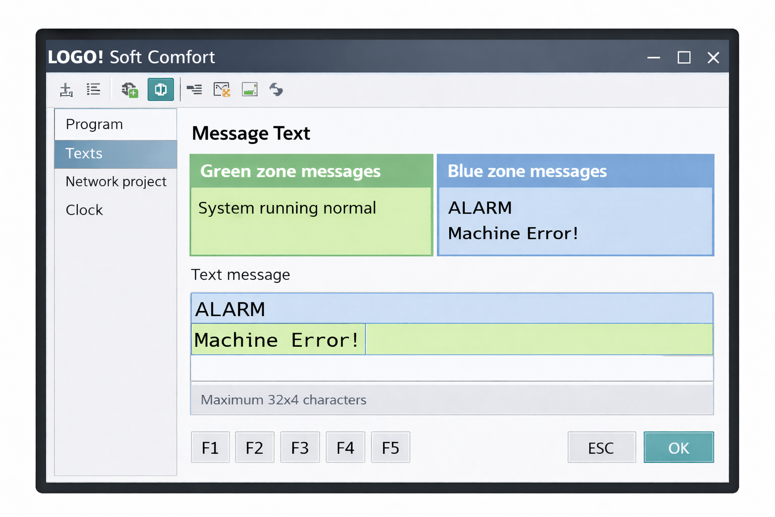 Screenshot of LOGO! Soft Comfort message editor showing green and blue zones