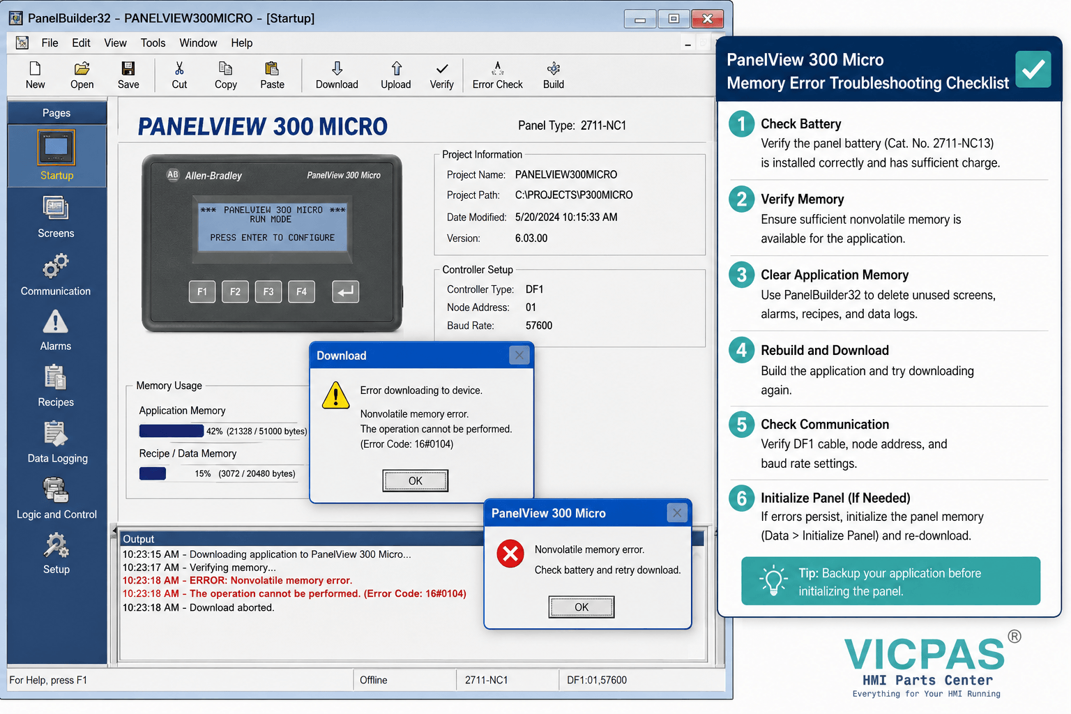 PanelBuilder32 software screenshot showing PanelView 300 Micro firmware download and memory error troubleshooting
