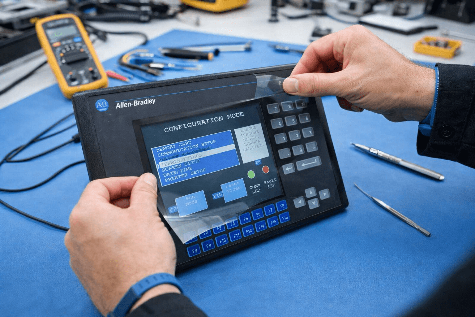 Technician repairing Allen Bradley PanelView 900 touchscreen