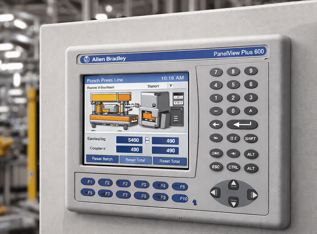 Allen Bradley PanelView Plus 600 HMI mounted on industrial control panel