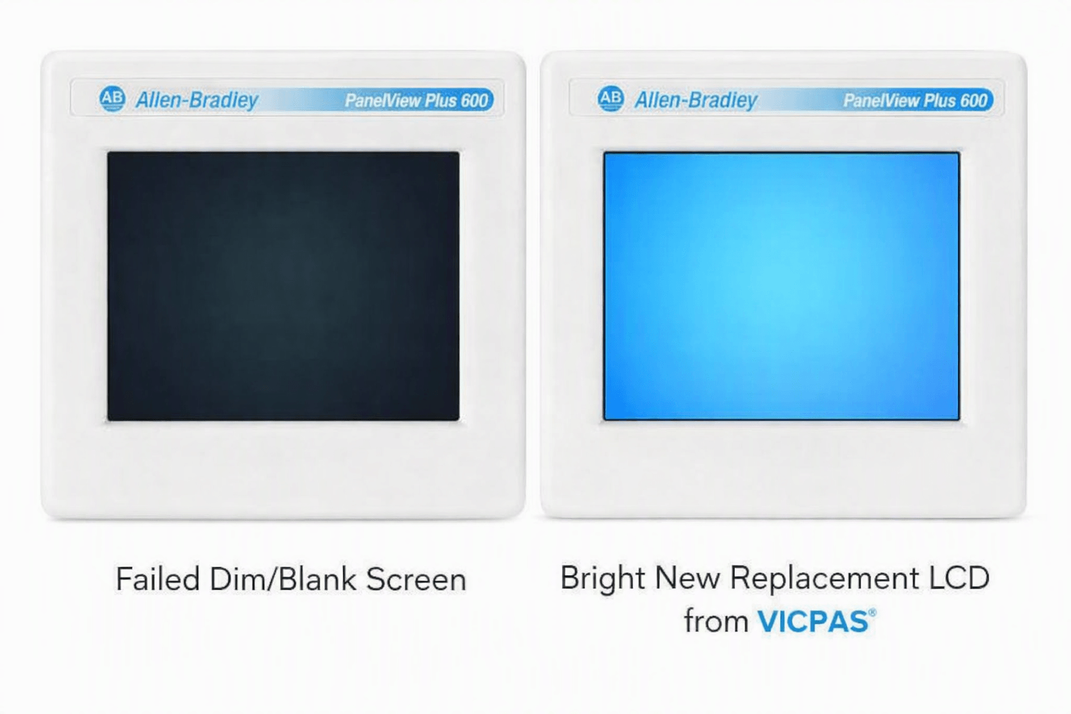 Comparison of failed dim PanelView Plus 600 screen and new replacement LCD panel