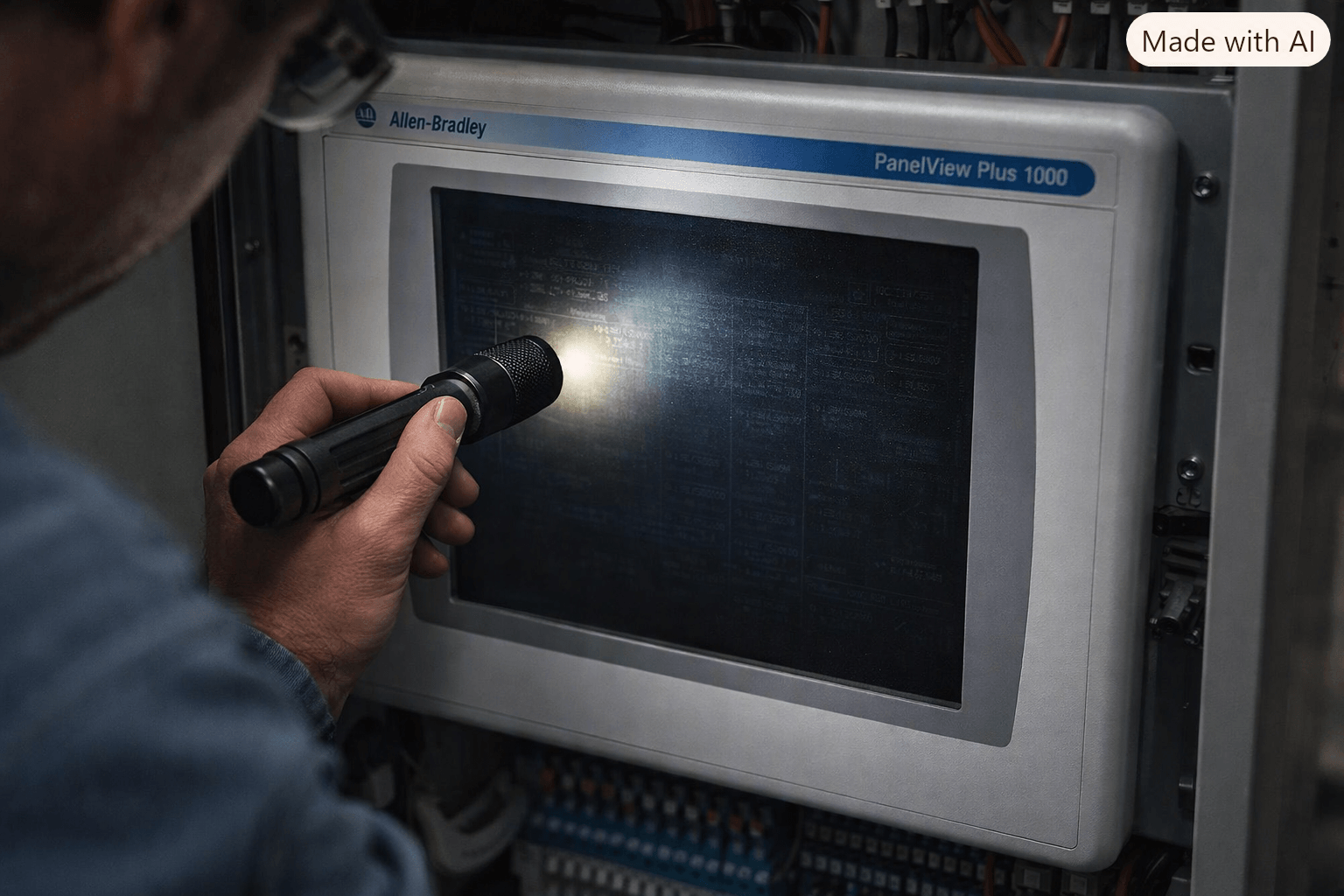 Technician inspecting a dark PanelView Plus 1000 screen with flashlight for backlight failure diagnosis