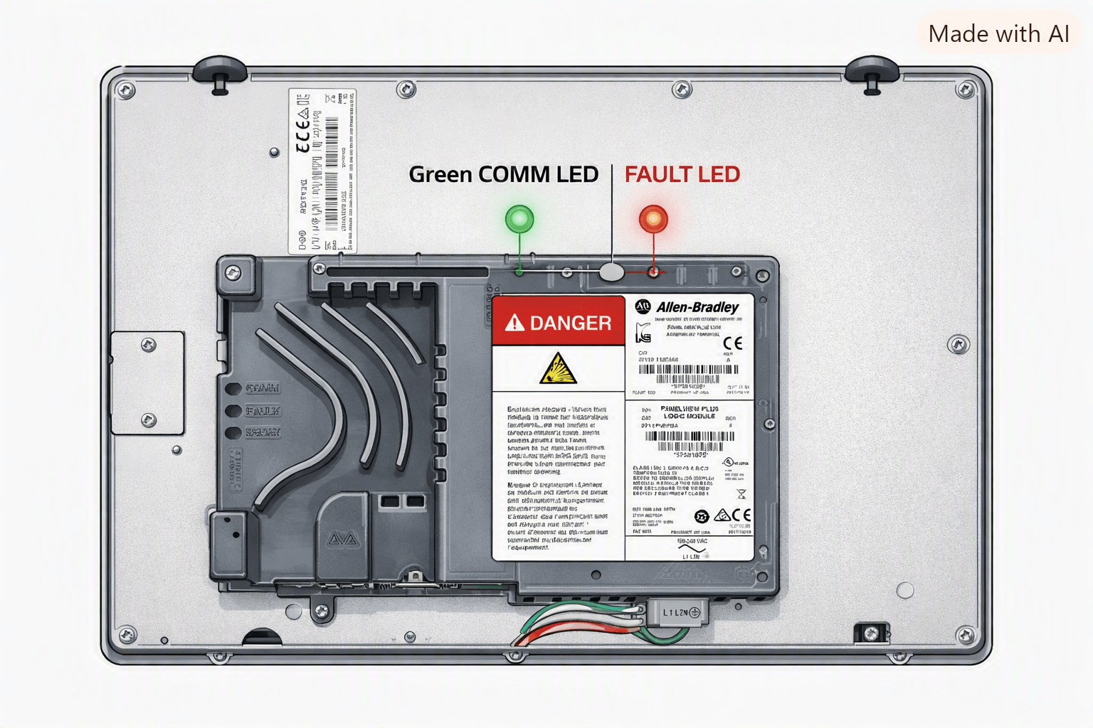 Close-up of PanelView Plus 1250 logic module showing COMM and FAULT LEDs