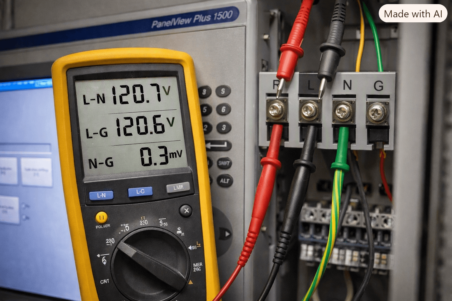 Close-up photo of a digital multimeter measuring voltage at the power terminals of an Allen-Bradley PanelView Plus 1500 HMI