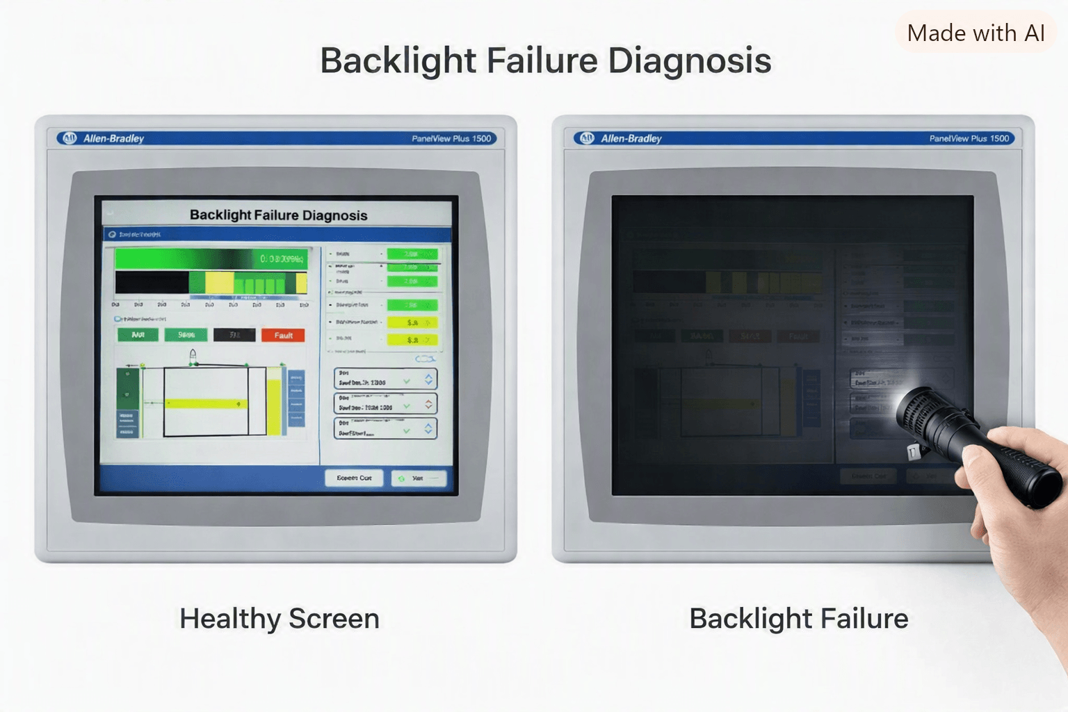 Side-by-side comparison of a healthy illuminated PanelView Plus 1500 screen versus a completely black screen with a flashlight revealing a faint image