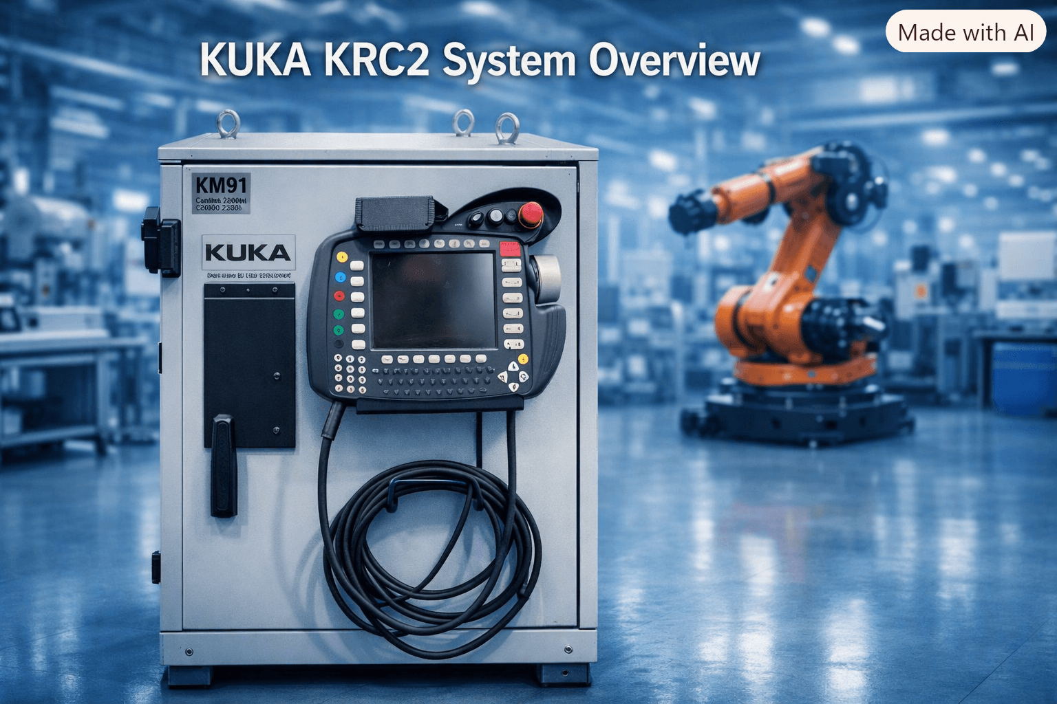 KUKA KRC2 System Overview with controller cabinet and robot arm