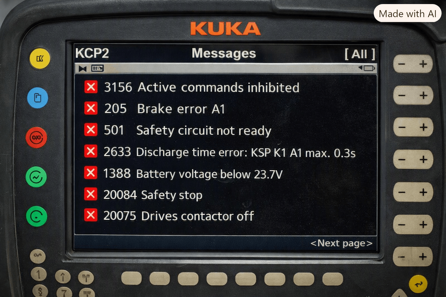 KUKA KCP2 teach pendant screen showing multiple error messages
