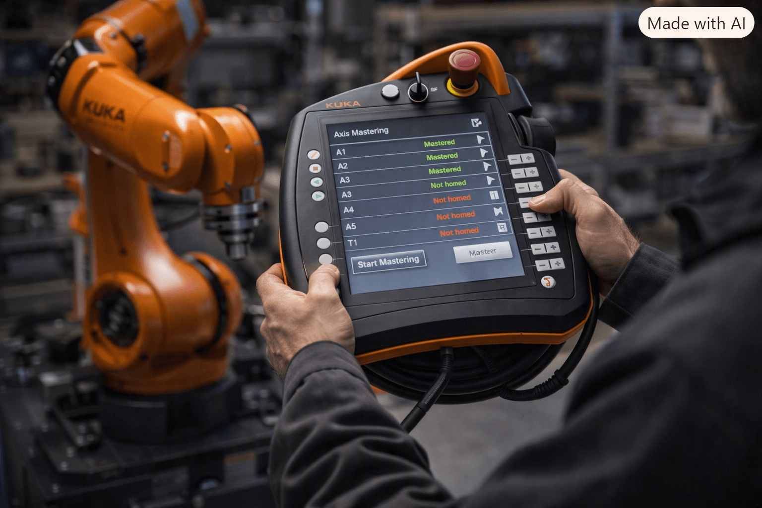 Technician performing axis mastering with KUKA SmartPad