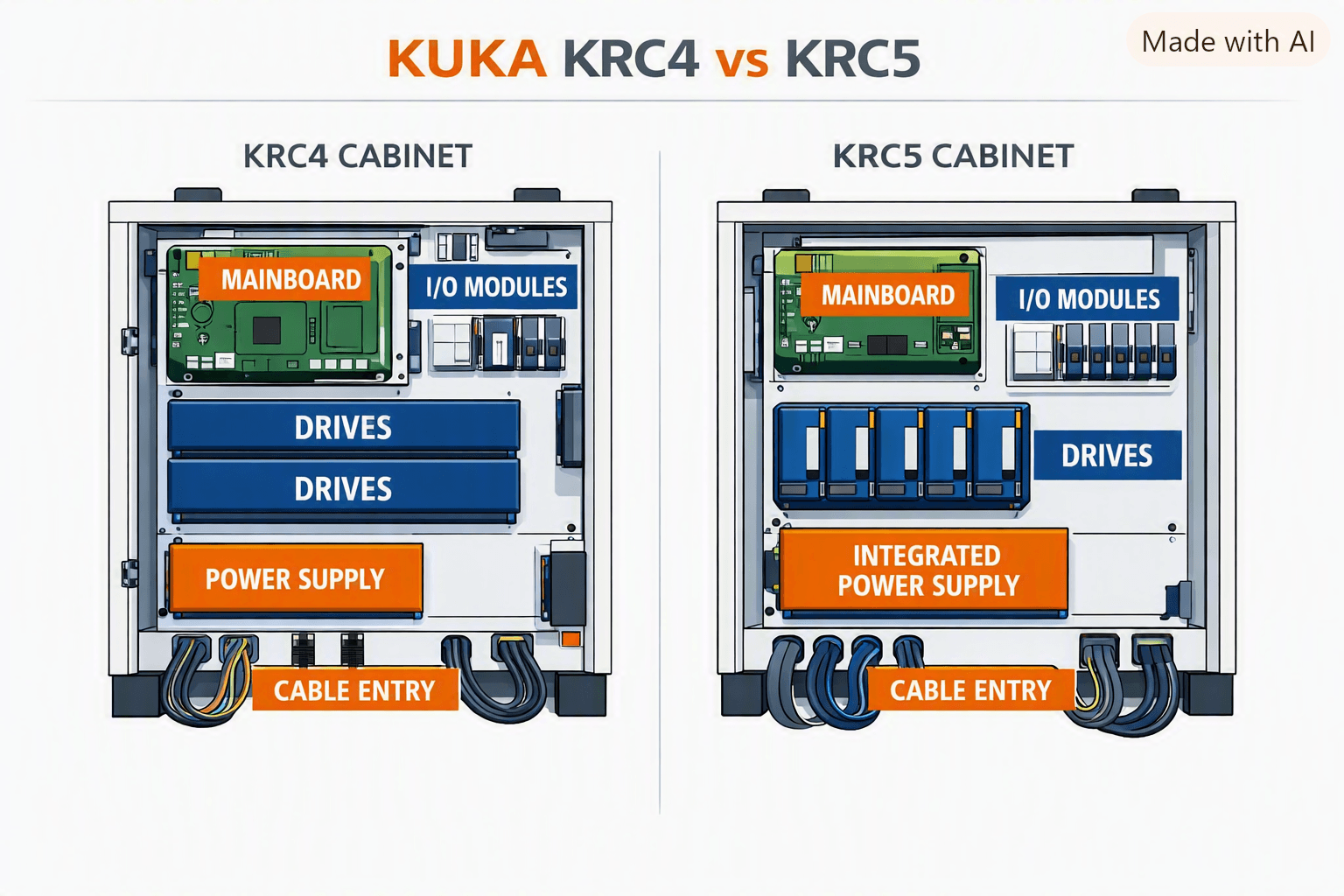 KUKA KRC4 vs KRC5 cabinet internal architecture comparison diagram showing mainboard, drives and power supply