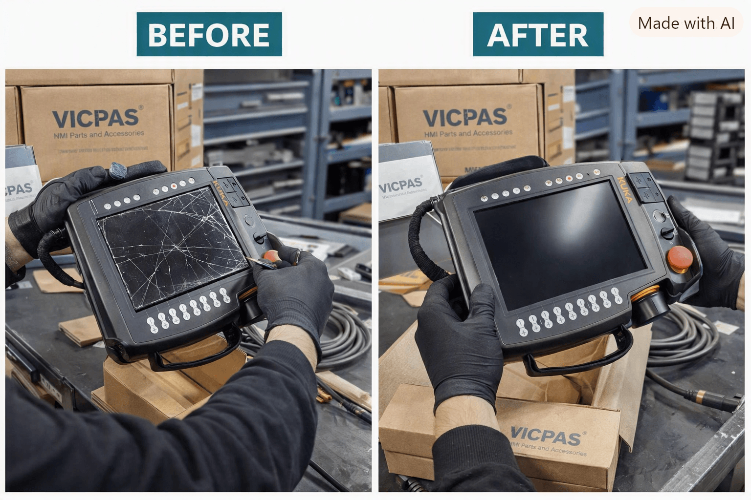 Before and after KUKA SmartPAD screen repair using VICPAS parts showing cracked display restored to perfect condition