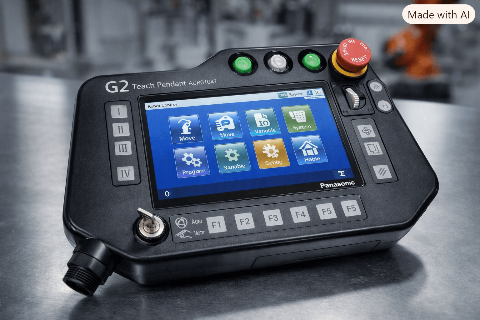 Panasonic G2 Teach Pendant product view showing 7-inch TFT color LCD, jog dial and function keys