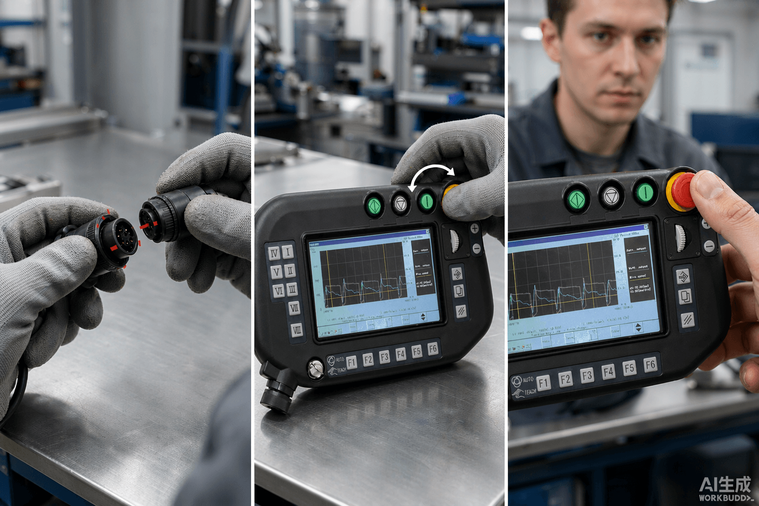 Technician installing and testing Panasonic G3 Teach Pendant replacement parts