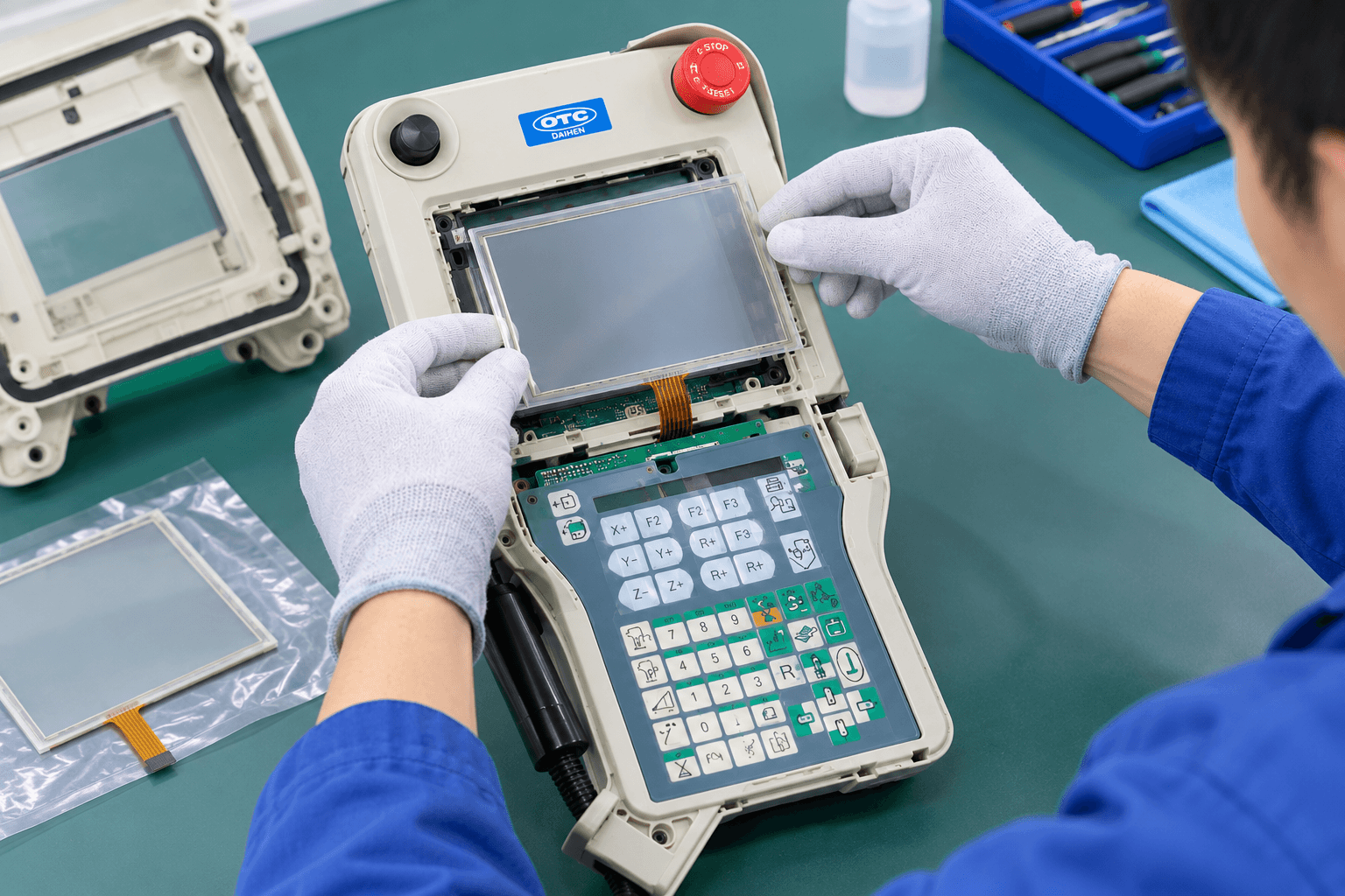 Technician carefully installing a new resistive touchscreen panel into an opened OTC Daihen FD teach pendant