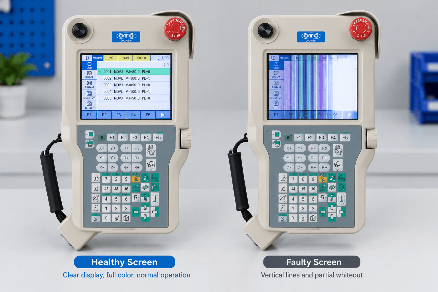 Side-by-side comparison of a healthy OTC teach pendant screen versus one showing vertical lines and partial failure