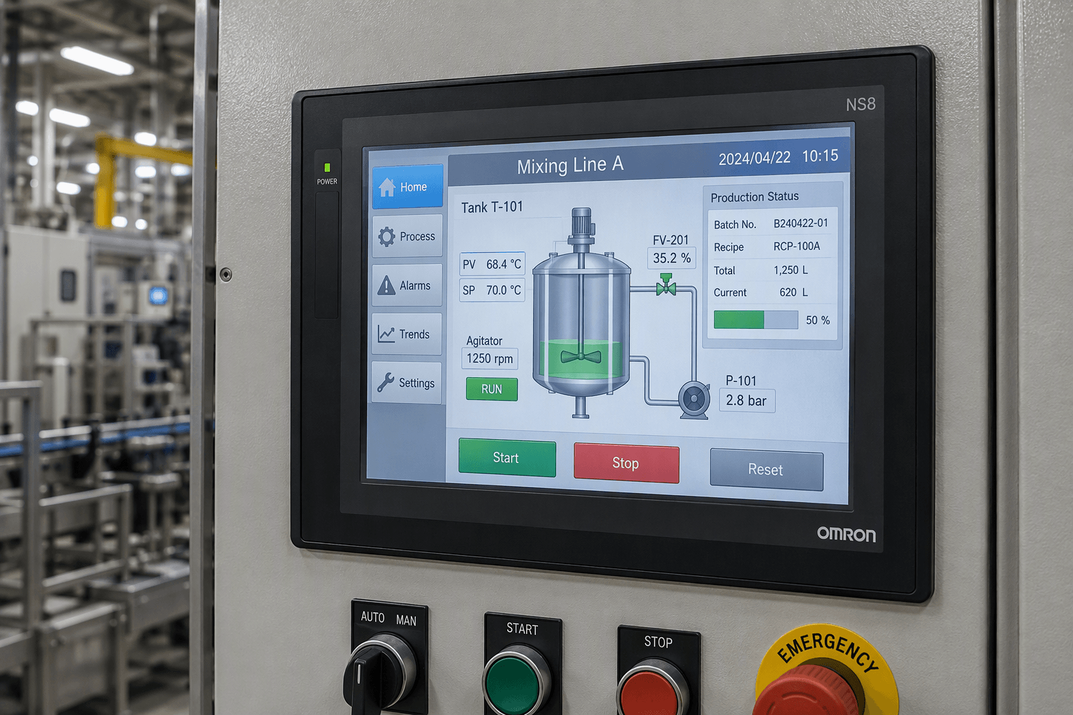 Omron NS8 HMI mounted on industrial control panel