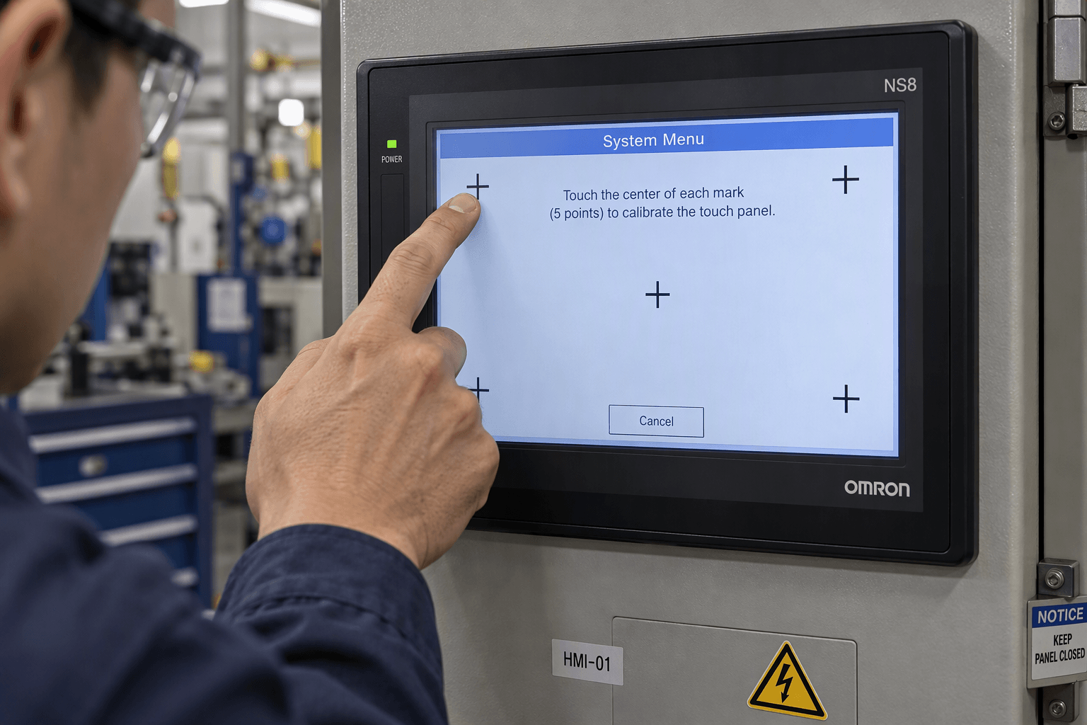 Technician calibrating Omron NS8 touchscreen using 5-point calibration