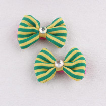 Pretty little pin-striped hair bow with rhinestone button green hair clips