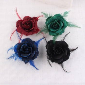 Party hair decorations colors big silk rose hair flower clip with feather brooch