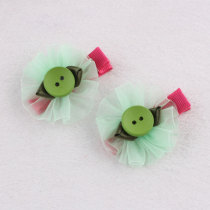 Korean kids green button hair clips with organza