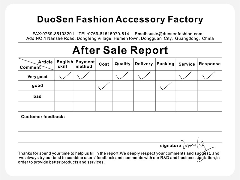 good feedback from dongguan duoen hair accessory company's regular and new customers about our thoughtful service and earnest autitud