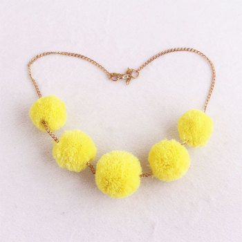 Cloth fashion sew accessory girl chain yellow yarn pom pom ball necklace wholesale