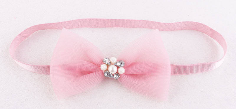 pink crystal veil bow elastic headband for babies girl