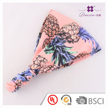 Latest spring pink pineapple printed elastic wide headband stretchy turban headwrap for fashion girls
