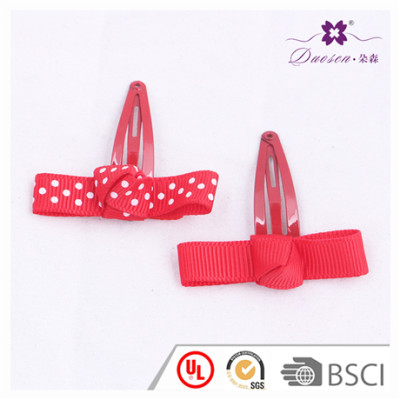 China Supplier Lovely Design Red Polka Dots Hair Bow Blue Ribbon Hair Clip for Baby Girl