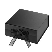 Matte black paper foldable gift box with ribbon
