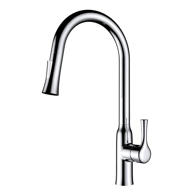 Single handle brass deck mounted pull down kitchen faucet