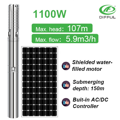 1100w（1.5hp）4inch solar submersible pump with S/S impeller AC/DC Shielded water-filled motor solar pump